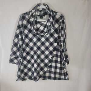 Robert Louis Buffalo Plaid Check Cowl Neck Asymmetrical Button Tunic Top B&W XL
